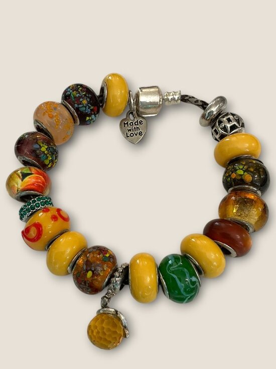 Handcrafted Jewelry - Handcrafted Beaded Charm Bracelet With Sterling Silver Clasp 7.5" Long Featuring